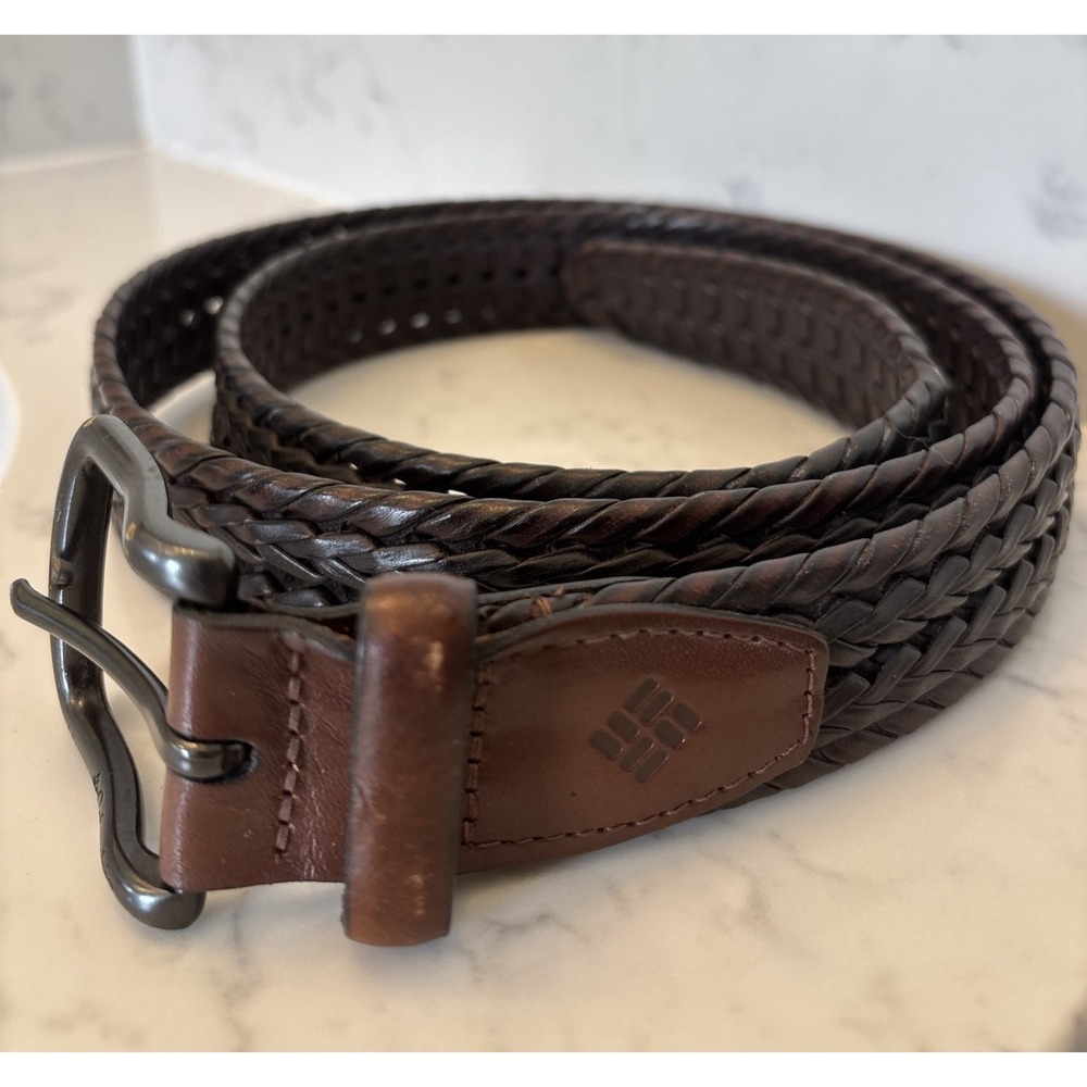 Columbia Belt 42-44 Men's Brown Leather Synthetic‎ Lacing Trim Braided Belt